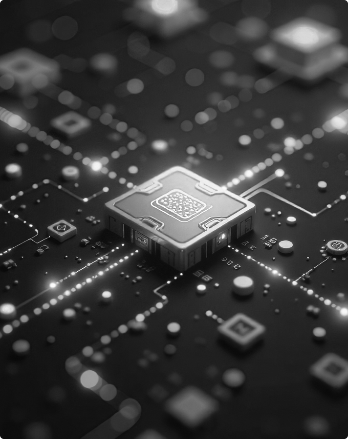 AI processor chip on circuit board with data pathways - enterprise data analytics and machine learning infrastructure