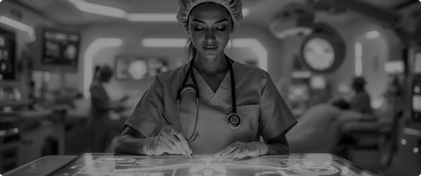 Healthcare professional using AI-powered medical interface for patient data analysis and clinical decision support systems