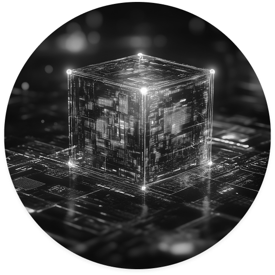 Transparent data cube on circuit board representing enterprise data governance and AI-powered business intelligence