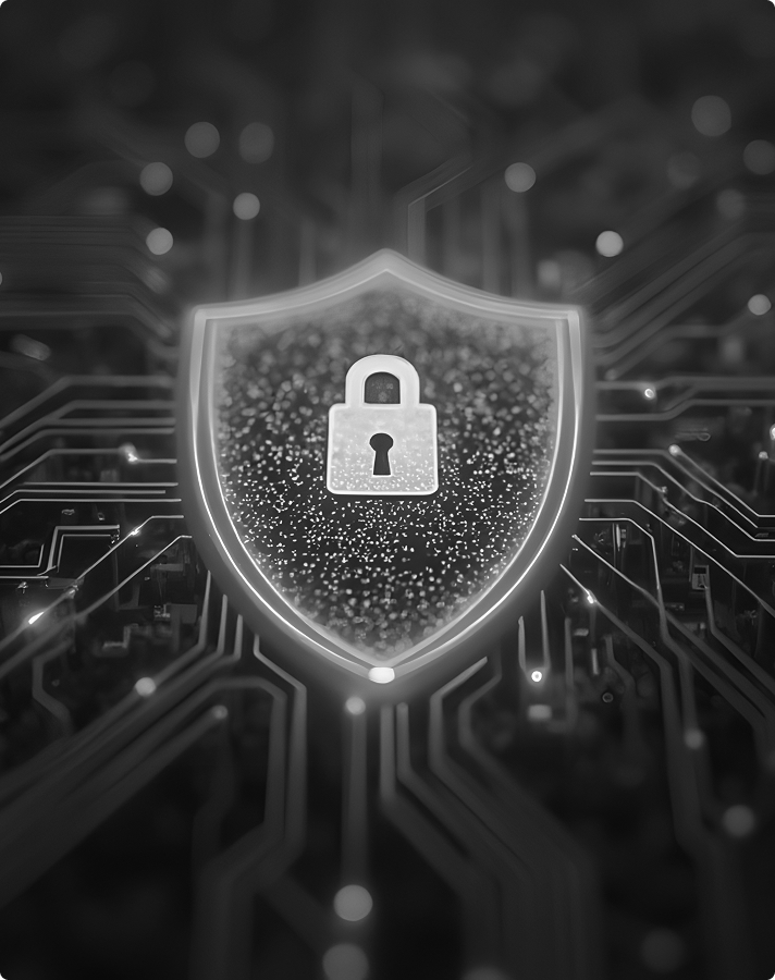 Security shield with lock on circuit board representing enterprise data governance and privacy-compliant AI solutions design